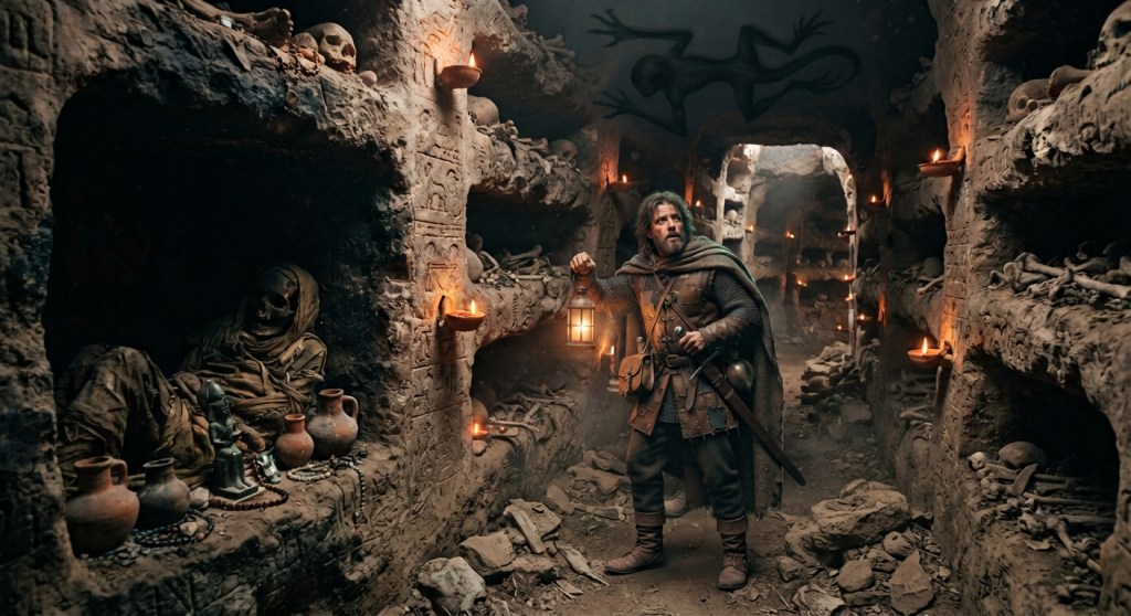 Aventuriers enchaînés dans une cage de fer au fond de catacombes sombres, sous une trappe entrouverte, pour le oneshot en ligne Donjons & Dragons «Le ménage des catacombes et l'épée ancestrale».