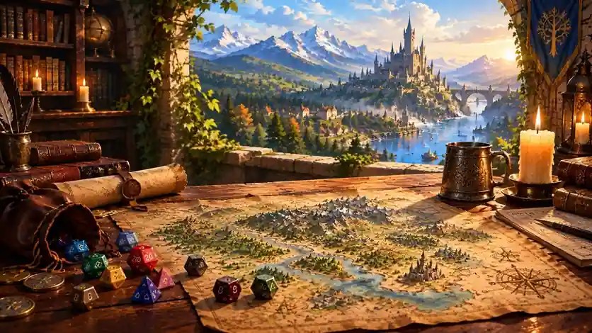 Table de jeu de rôles éclairée à la bougie avec dés, carte de La Terre de Nokta© et parchemins: parties de Donjons & Dragons en ligne en français