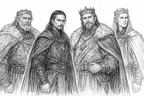 Les quatre rois de l'archipel, couronnés et vêtus de capes de fourrure, pour la campagne de Donjons & Dragons en ligne «Les quatre rois insulaires»