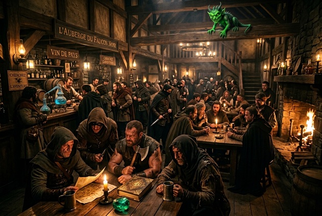 Oneshot L'auberge du dernier repos: une salle d'auberge sombre éclairée aux chandelles, pleine de voyageurs encapuchonnés.