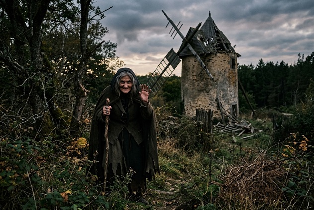Vieux moulin à la lisière d'un village, repaire d'une sorcière redoutée, pour l'aventure en ligne Donjons & Dragons «La sorcière du moulin».