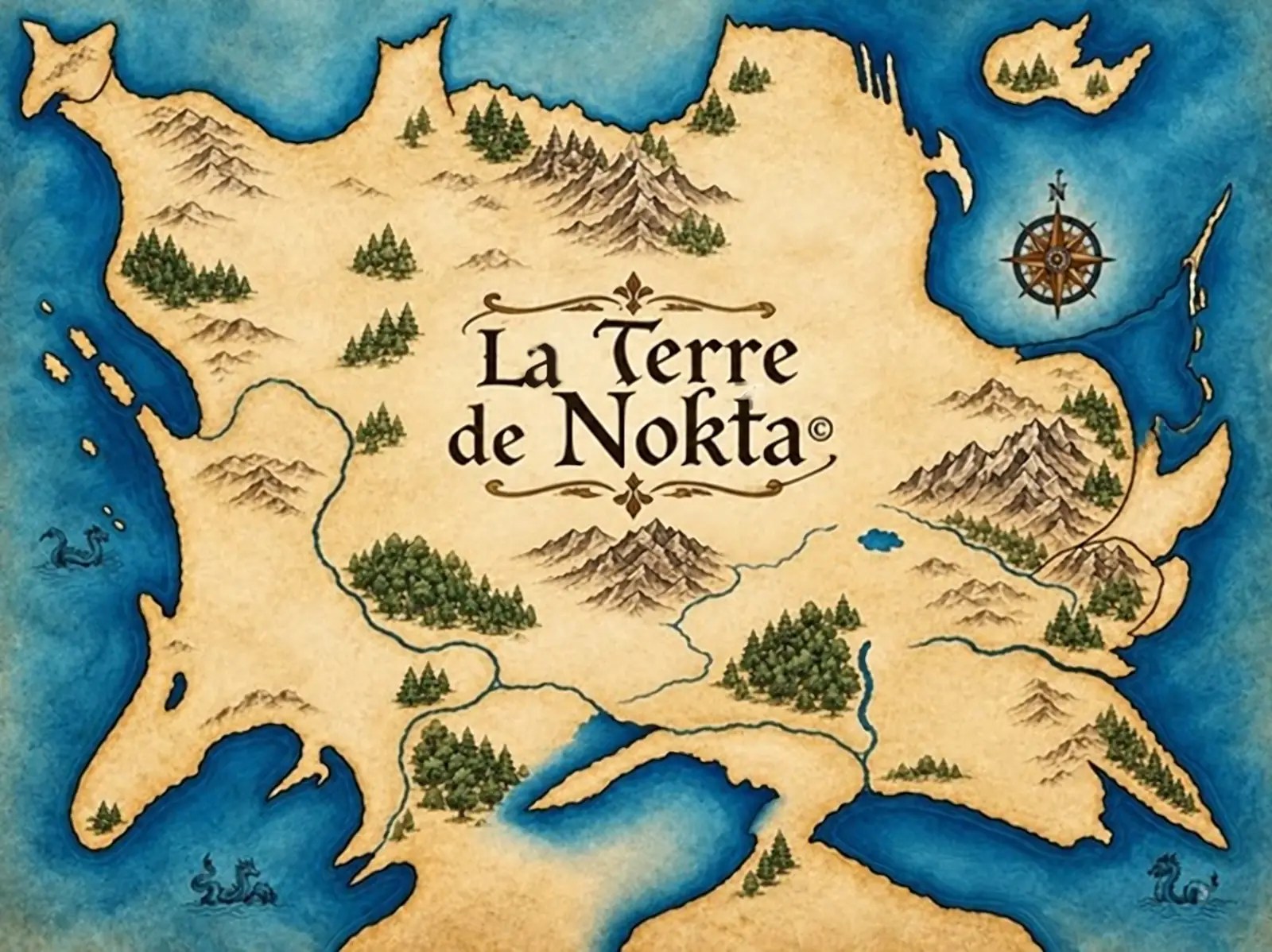 Carte illustrée de La Terre de Nokta©: un continent sur parchemin entouré d'océans, avec montagnes, forêts, rivières, une rose des vents et des serpents de mer.